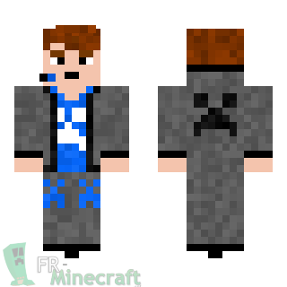 Aperçu de la skin Minecraft Garçon veste grise / T-shirt bleu motif creeper / casques