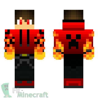 Aperçu de la skin Minecraft Garçon sweat rouge, casques et flammes